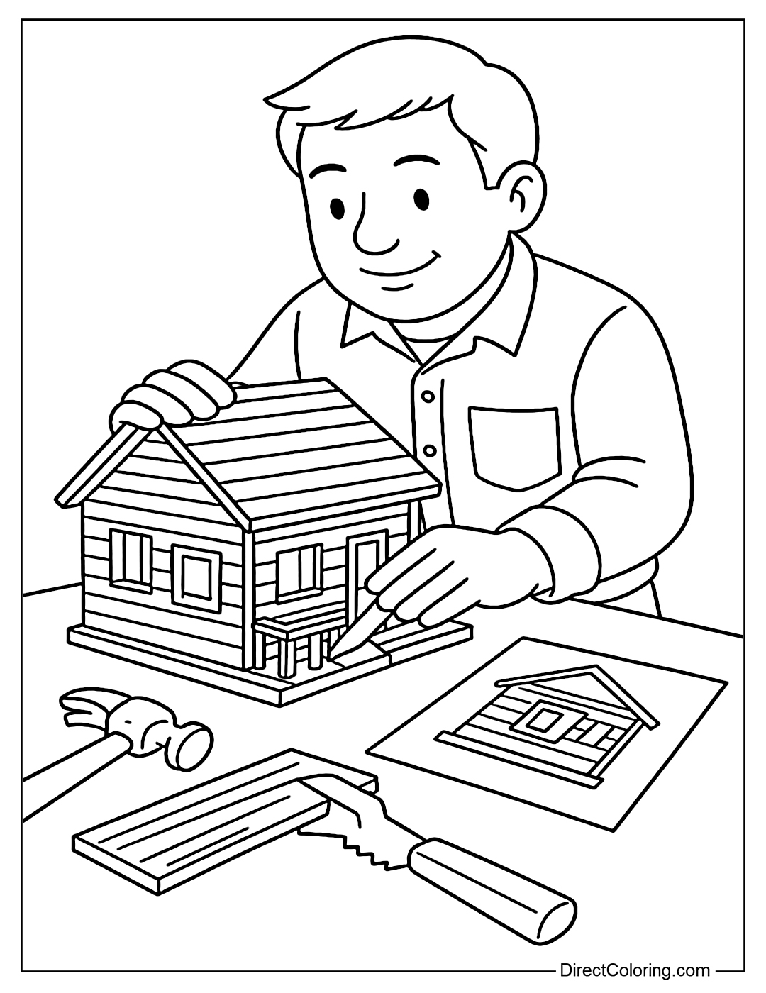 Carpenter building a detailed wooden house model coloring page with drawings next to it.